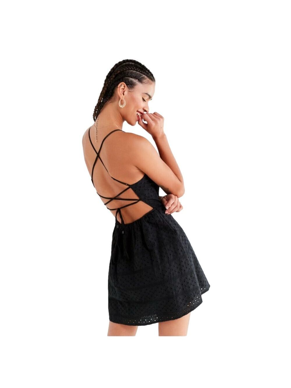 Urban Outfitters Black Twin Leaf Eyelet Mini Dress with Strappy Open Back Size S